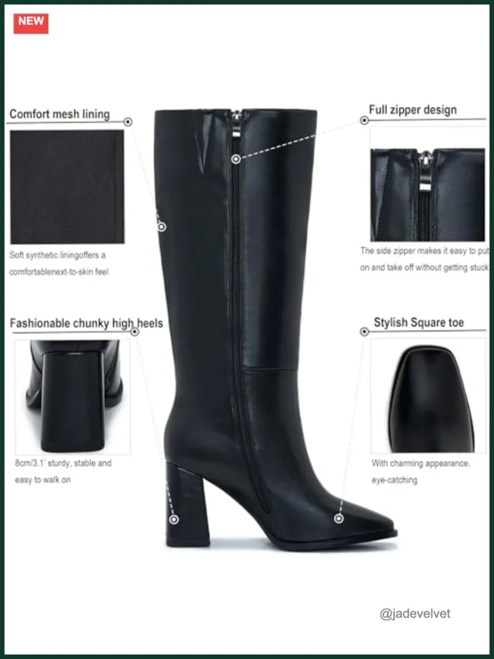 Wide Calf Knee High Boots Women Square Toe Chunky Heel PU Leather Zip Tall Boots